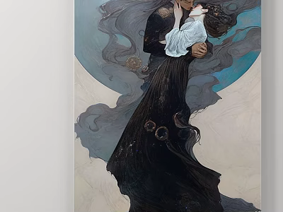 Figure Painting Of Embracing Couple In Black Flowing Dress White Blouse With Moon Background Gray Ribbons 3d model