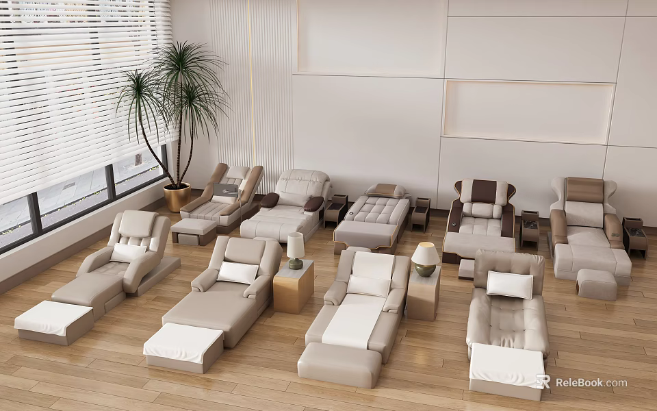 Comfortable Modern Massage Chairs In Spacious Interior With Wooden Flooring And Potted Plants 3d model 
