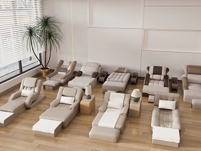 Comfortable Modern Massage Chairs In Spacious Interior With Wooden Flooring And Potted Plants 3d model