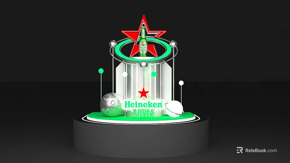 Heineken Beer Display Setup With Red Star Green Base And Transparent Stand 3d model