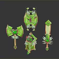 Green Fantasy Weapons Collection Featuring Axe Sword Shield With Heart Shaped Decorations And Crystal Elements