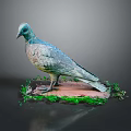 Flying Animal Pigeon Sculpture Standing on Red Base With Green Plants and Gray Background