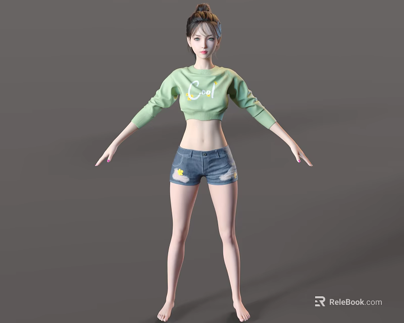 Woman in Green Cropped Sweatshirt with Yellow Graphic Blue Denim Shorts Barefoot on Gray Background 3d model 
