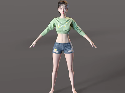 Woman in Green Cropped Sweatshirt with Yellow Graphic Blue Denim Shorts Barefoot on Gray Background 3d model