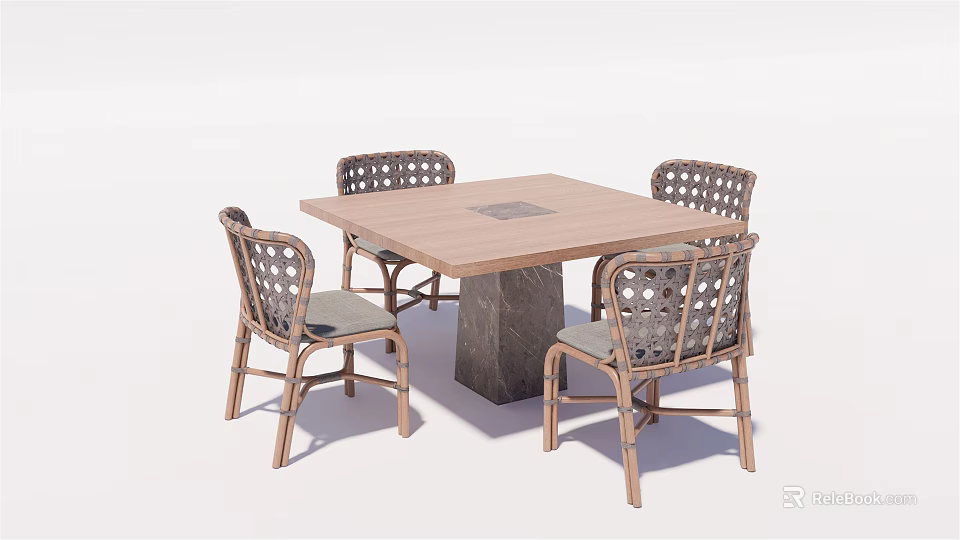 Modern Square Wooden Dining Table With Stone Legs And Woven Back Chairs 3d model 