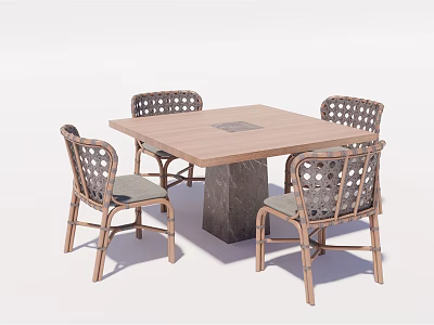 Modern Square Wooden Dining Table With Stone Legs And Woven Back Chairs 3d model