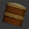Traditional Handmade Drum Shaped Orange Birch Container With Yellow Decorative Bands