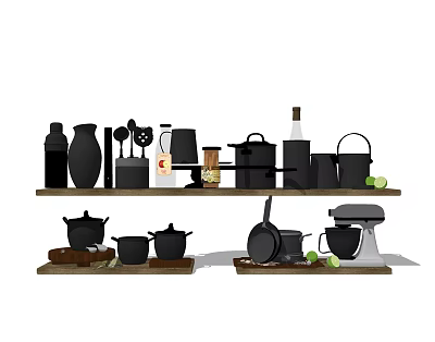Stylish Modern Kitchenware Displayed On Shelves With Pots Pans Teapots And Jars 3d model Stylish Modern Kitchenware Displayed On Shelves With Pots Pans Teapots And Jars 3d model