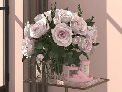 Pink And White Roses In Glass Vase With Small Jars Pink Items On Gold Tray 3d model