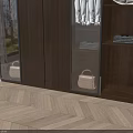 Modern Wooden Wardrobe With Glass Doors Hanging Clothes And Accessories On Shelves