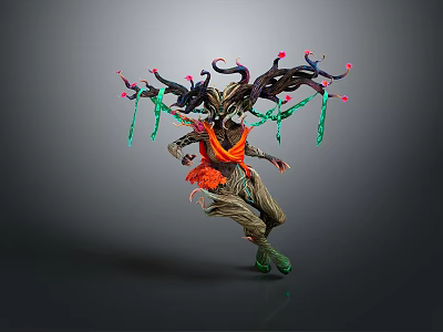 Game Movie Character Tree Like With Branches Red Accents Green Tendrils Orange Garment Dynamic Action 3d model