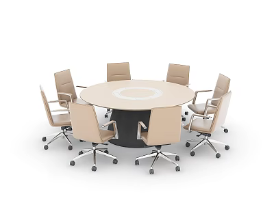 Round Office Desk With Six Beige Wheeled Armrest Chairs And White Center Area 3d model