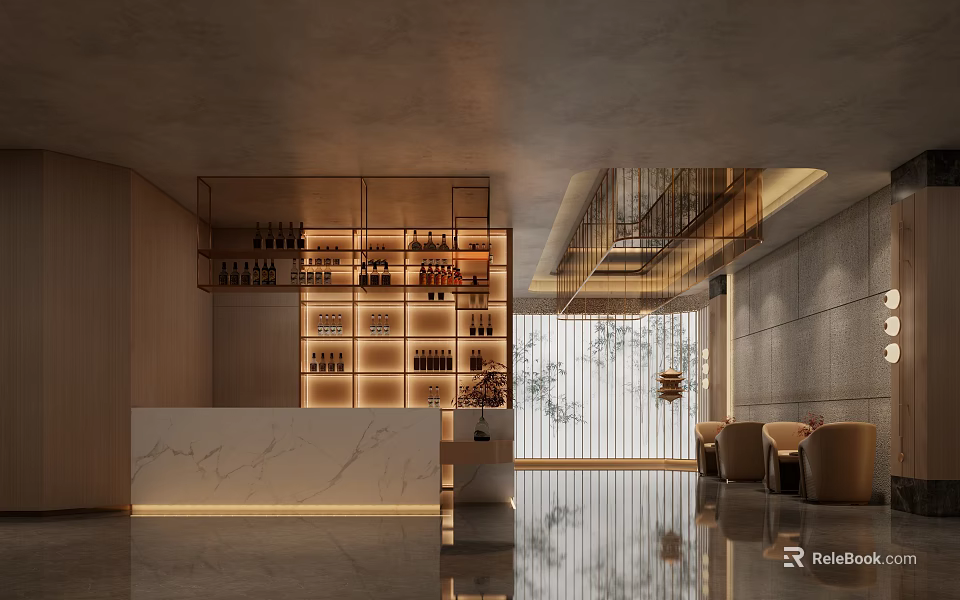 Elegant Hotel Lobby Interior Design With Marble Reception Desk And Warm Lighting 3d model