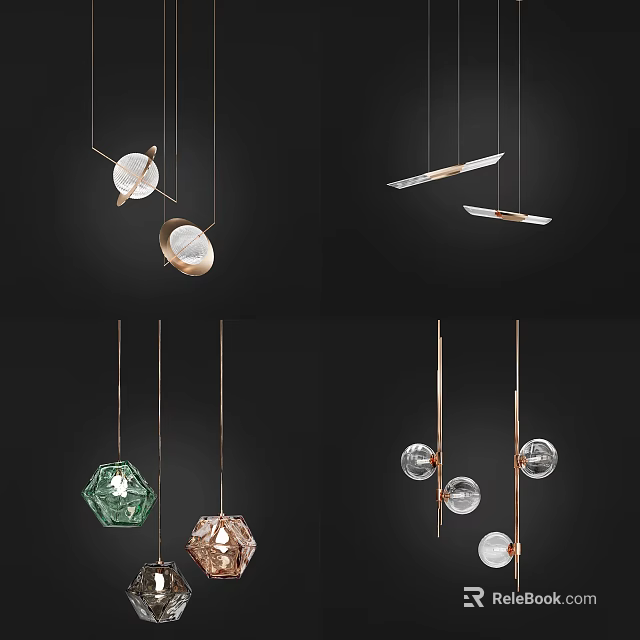 Modern Designer Pendant Lights With Geometric Shapes Glass And Metal Elements 3d model 