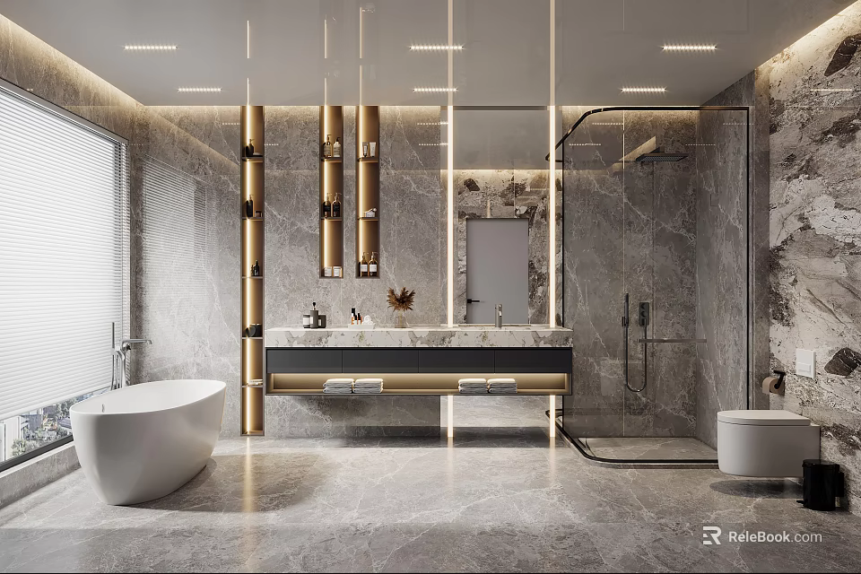 Modern Bathroom Interior with Marble Walls Bathtub Shower Area and Mirror Lighting 3d model 