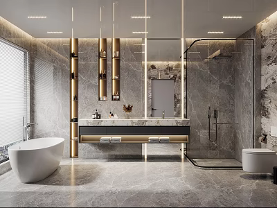 Modern Bathroom Interior with Marble Walls Bathtub Shower Area and Mirror Lighting 3d model