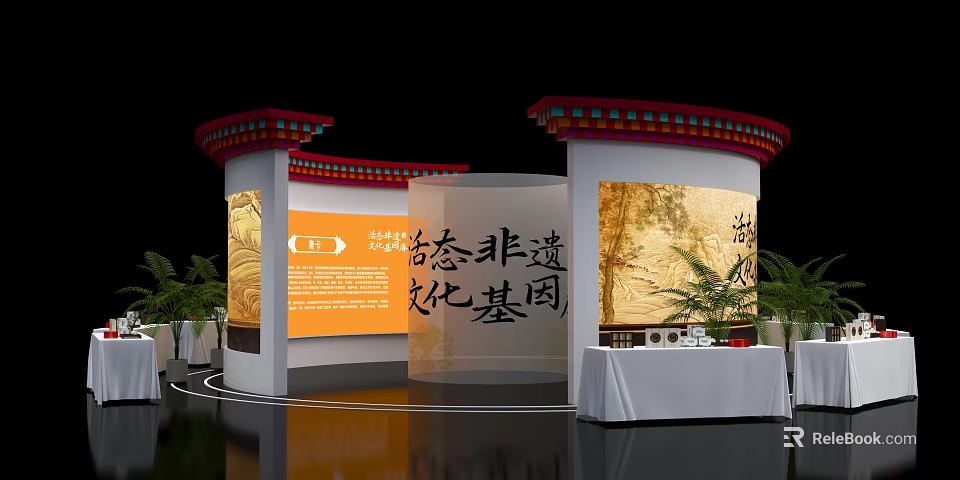 Art Installation Featuring Intangible Cultural Heritage Traditional Genes With Display Cabinets Decorative Paintings And Plants 3d model 