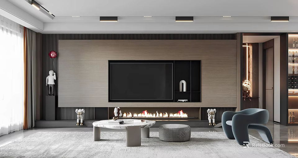 Modern Living Room Interior With TV Wall Fireplace Coffee Table And Sofa 3d model 