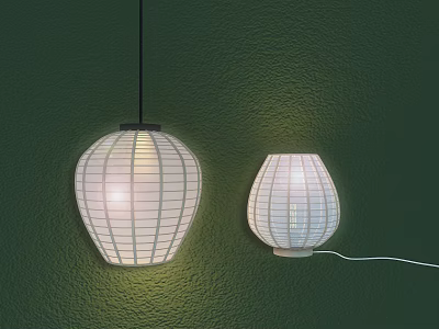 Modern White Grid Design Lighting Combination With Pendant And Table Lamps On Green Wall 3d model