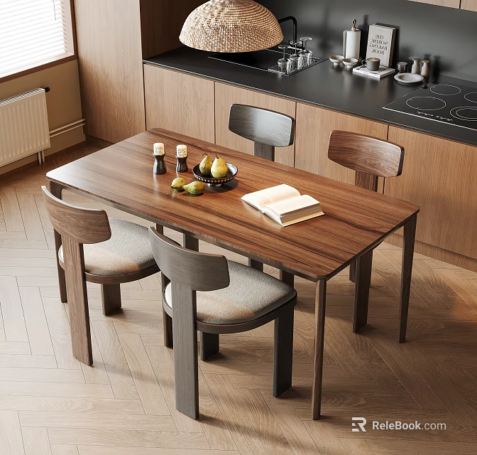 Modern Wooden Dining Table And Chairs Set With Fruits Candles And Books In Kitchen Area 3d model 