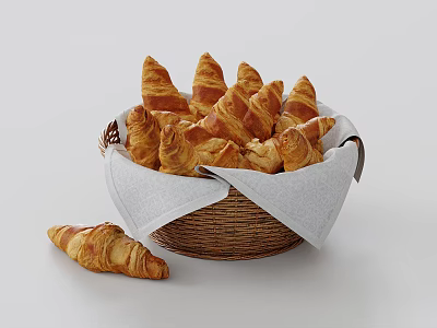 Freshly Baked Croissants in Wicker Basket with White Cloth Display Scene 3d model