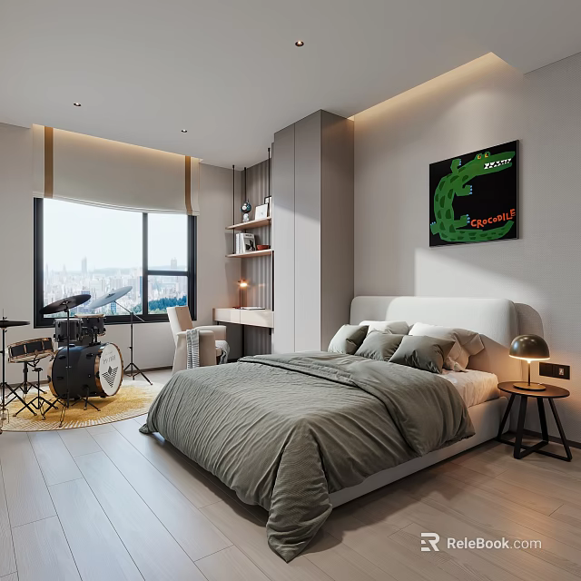Modern Kids Room Interior with Bed Drum Set Study Desk Bookshelf and City View Window 3d model 