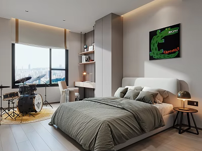 Modern Kids Room Interior with Bed Drum Set Study Desk Bookshelf and City View Window 3d model