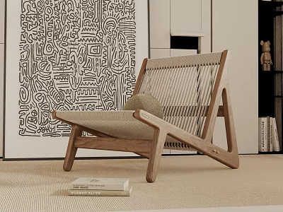 Minimalist Wooden Leisure Chair With Woven Backrest Design In Home Interior With Artwork And Books 3d model