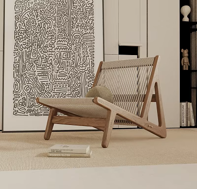 Minimalist Wooden Leisure Chair With Woven Backrest Design In Home Interior With Artwork And Books 3d model