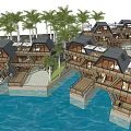 Modern Hexagonal Boutique Hotel Architecture with Over Water Design Palm Trees and Wooden Walkway