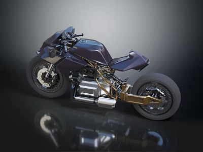 Sleek Modern Motorcycle Design With Dark Metallic Body And Gold Accent Frames 3d model