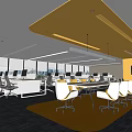 Modern Conference Room With Yellow Ceiling Long Meeting Table White Grey Chairs And Large Windows 3d model