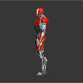 Red And White Metallic 3D Robot Character With Blue Core And Arm Weapons