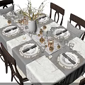 Elegant Table Setting With Dinnerware Set White Tablecloth Wooden Chairs Candle Holders And Vases
