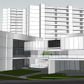 Modern Commercial Complex Architectural Exterior With Glass Curtain Wall Greenery And Water Features