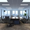 Modern Conference Room Interior With Large Display Table Comfortable Chairs Ceiling Lighting And Wall Posters 3d model