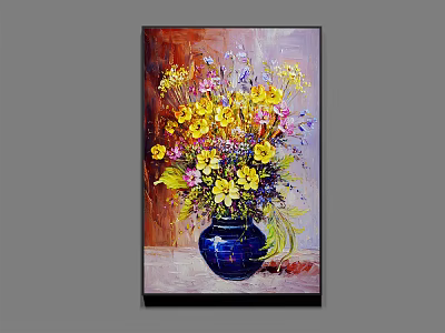 Oil Painting of Blue Vase with Yellow and Colorful Flowers on Tabletop 3d model