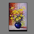 Oil Painting of Blue Vase with Yellow and Colorful Flowers on Tabletop