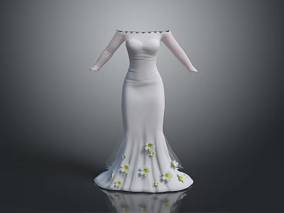 Elegant White Long Dress with Off Shoulder Long Sleeves and Small White Yellow Flowers 3d model