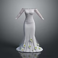 Elegant White Long Dress with Off Shoulder Long Sleeves and Small White Yellow Flowers