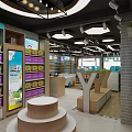 Baby Products Specialty Store with Shelves Product Displays Baby Cart Checkout Counter and Bright Lighting