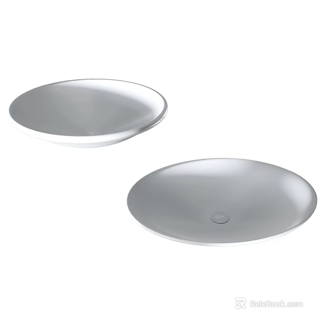 Two Silver Round Ceramic Plates With Smooth Surface And Central Dot Detail 3d model