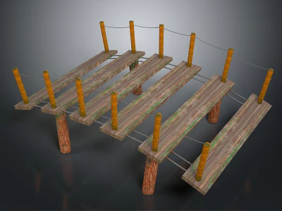 Rustic Outdoor Wooden Platform Structure With Support Posts Planks And Ropes 3d model