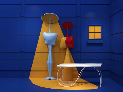 Vibrant Blue And Yellow Room With Abstract Sculptures White Table And Small Window 3d model