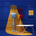 Vibrant Blue And Yellow Room With Abstract Sculptures White Table And Small Window
