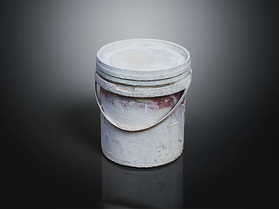 Old Worn White And Red Paint Bucket With Metal Handle On Black Background 3d model