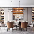 Elegant Modern Restaurant Interior With Dining Table Brown Chairs Wine Racks Pendant Lights And Artwork
