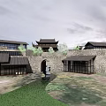 Traditional Chinese Guesthouse Building with Classic Roof Design Ancient Stone Walls and Water Feature