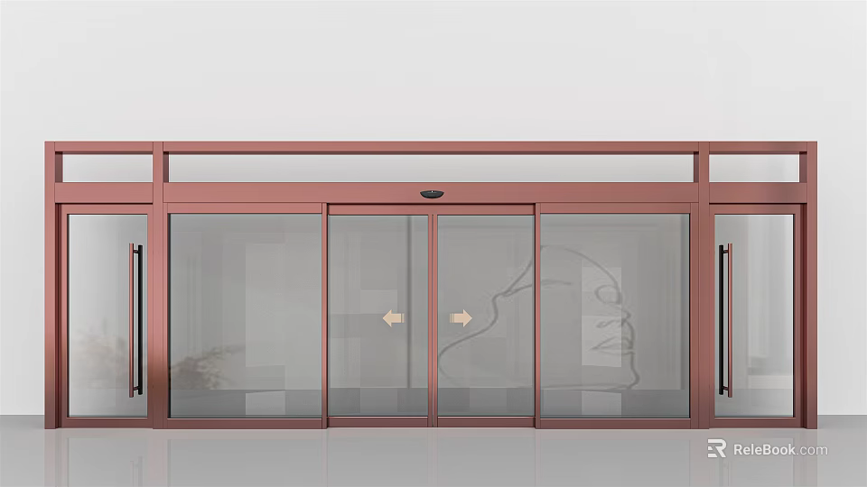 Automatic Sliding Glass Doors With Red Frame And Sensor System 3d model