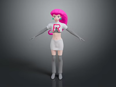 3D Cartoon Character Model With Pink Hair Green Eyes White Tshirt And Red R Letter 3d model